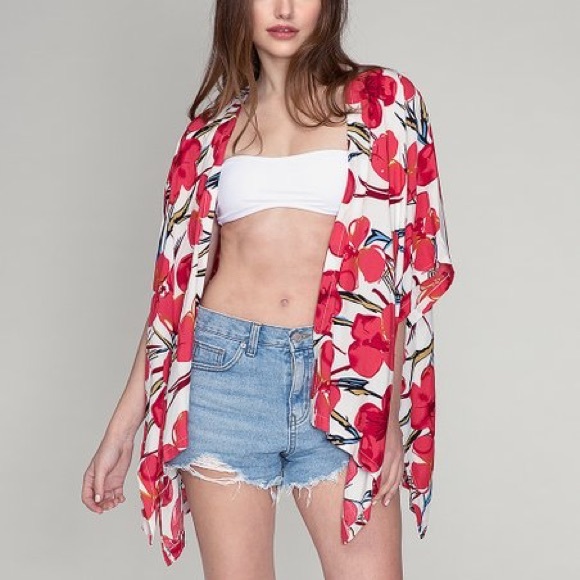 Do Everything in Love Accessories - Do Everything In Love White & Red Floral Kimono